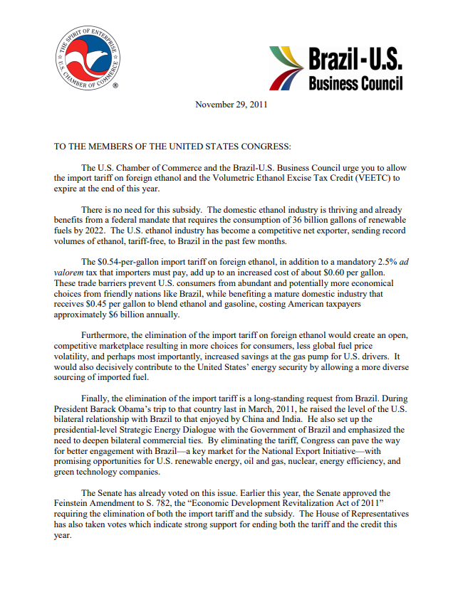 Letter from U.S. Chamber of Commerce & Brazil-US Business Council Urging to Allow Ethanol Tariff and Credit to Expire
