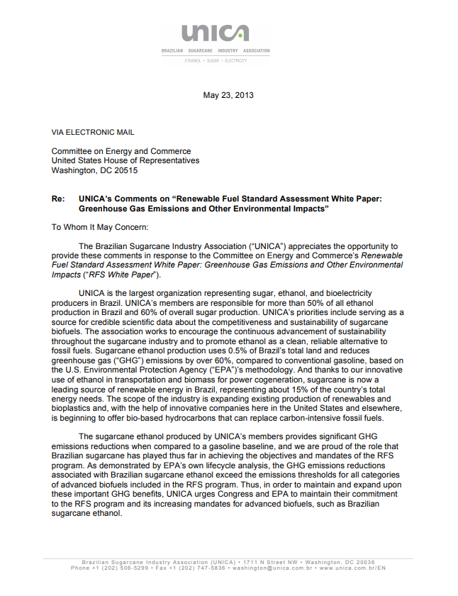 UNICA’s Comments on the Renewable Fuel Standard Assessment White Paper: Greenhouse Gas Emissions and Other Environmental Impacts