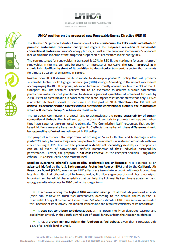 UNICA position on the proposed new Renewable Energy Directive (RED II)