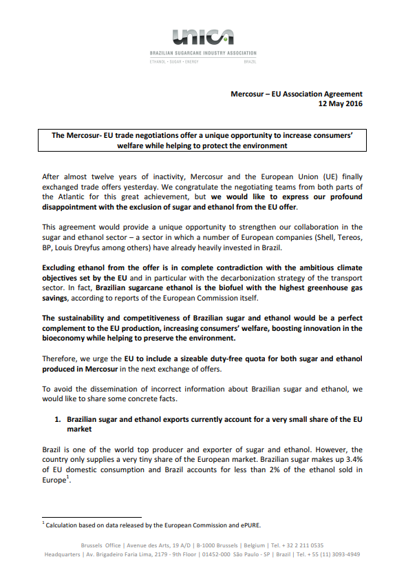 UNICA’s position paper on Mercosur-EU trade negotiations