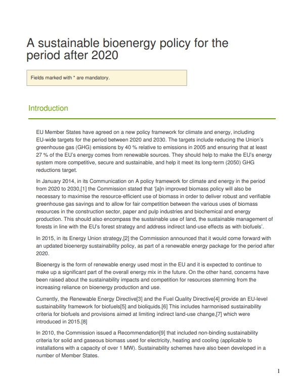 UNICA’s contribution to the EU public consultation on the sustainability of bioenergy