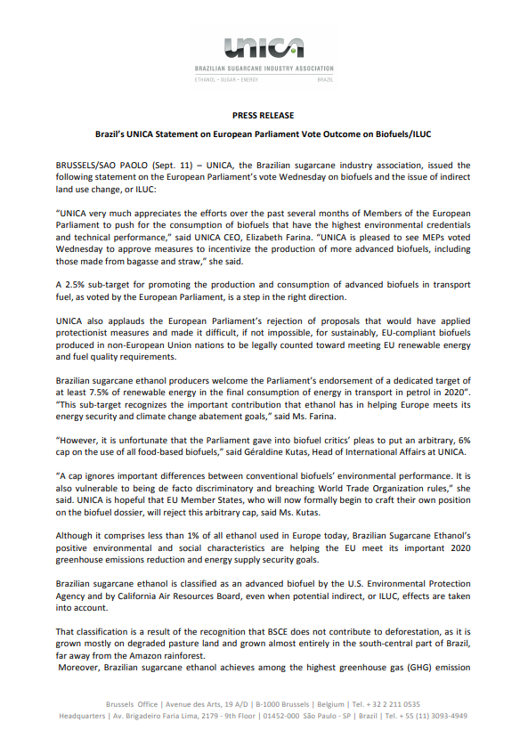 Brazil’s UNICA Statement on European Parliament Vote Outcome on Biofuels/ILUC