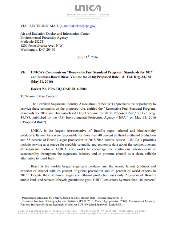 UNICA’s Comments on Renewable Fuel Standard Program: Standards for 2017 and Biomass-Based Diesel Volume for 2018